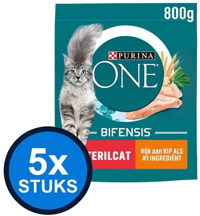 5x Purina One - Adult Sterilcat Kip/Tarwe - Kattenvoer Droogvoer - 800 g