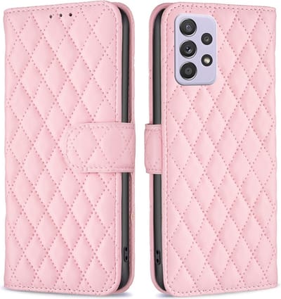 BINFEN Rhombus Book Case - Geschikt voor Samsung Galaxy A52 / A52s Hoesje - Roze
