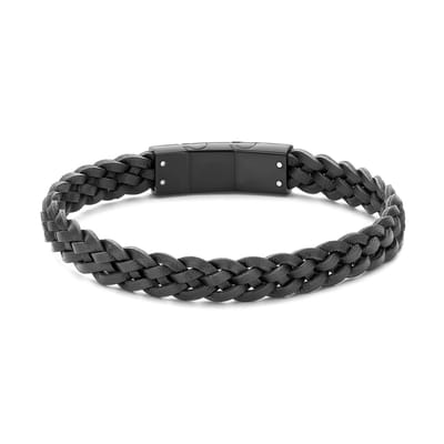 Frank 1967 7FB-0851 – Heren Armband – Gevlochten Leren Armband – Zwart Leer – Zwart Staal – 21 cm – Cadeau voor Mannen