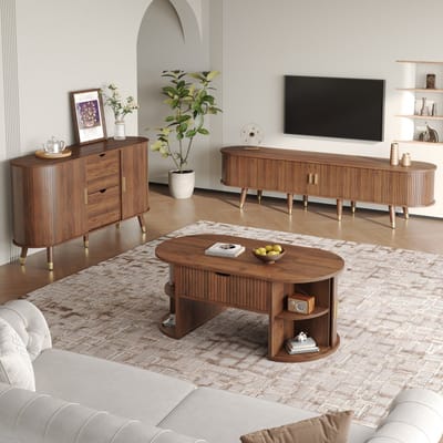 Woonkamerset - 3-delig - Salontafel, TV-Meubel en Dressoir met Schuifdeuren - Hout - Naturel
