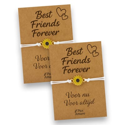 Vriendschapsarmbandjes voor 2 "Best Friends Forever" - Zonnebloem - BFF Armbandjes met Persoonlijk Cadeau Kaartje - Wit met Bloem Hanger - Op Twee Kaartjes- Pax Amare