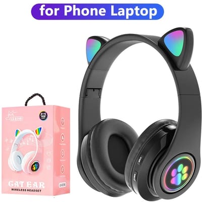 Bluetooth 5.0 hoofdtelefoon met microfoon Schattig kattenoor Draadloos/bekabeld Opvouwbare hoofdtelefoon Bas RGB-ademhalingslicht voor jongens/meisjes With box zwart