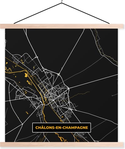Posterhanger incl. Poster 40x40 cm - Schoolplaat - Kaart - Plattegrond - Frankrijk - Chálons-en-Champagne - Stadskaart - Textielposter - Blanke latten - Stadskaart