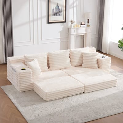 Corduroy Compressiebank met hoge Rugleuning en Extra Kussens, Opbergvakken aan Beide Zijden en Bekerhouders, kan vrij Gecombineerd Worden tot een Slaapbank, Zachte Bekleding voor Maximaal Comfort, Beige