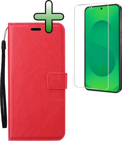 Hoesje Met Screenprotector - Geschikt voor Samsung Galaxy S25 - Luxe Pasjeshouder - Bookcase Portemonee - Flip Case - Kunstleer Book Case - Flipcase - Book Cover - Walletcase - Portemonneehoes - Rood