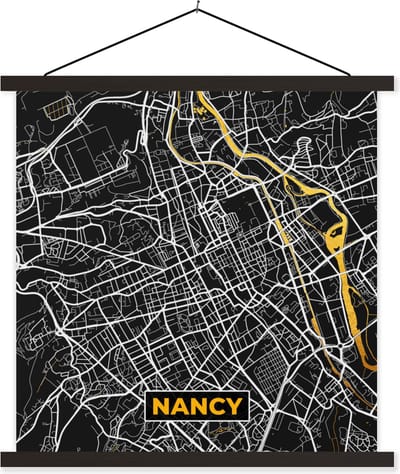 Posterhanger incl. Poster 60x60 cm - Schoolplaat - Stadskaart – Frankrijk – Kaart – Nancy – Plattegrond - Textielposter - Zwarte latten - Stadskaart