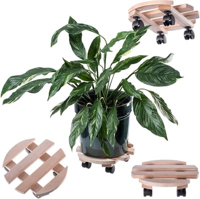KADAX Plantroller met draaiende wielen, bloemenroller voor flexibel verplaatsen van planten en zware bloempotten, houten plank op wielen (rond, 29,5 cm)