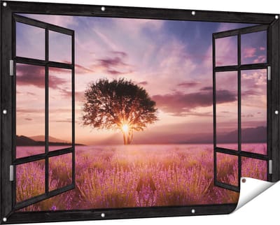 Gards Tuinposter Doorkijk Bloemenveld met Lavendel bij Zonsondergang - 150x100 cm - Tuindoek - Tuindecoratie - Wanddecoratie buiten - Tuinschilderij