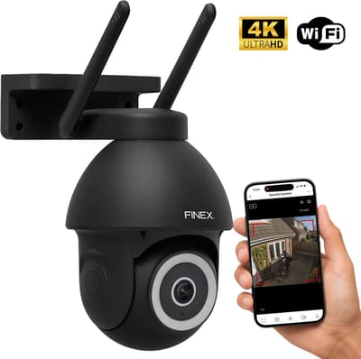 Finex Beveiligingscamera Pro – 4K Ultra HD – Geen abonnement - Op Netstroom – Buiten Camera Met Nachtzicht – Buitencamera – Bewakingscamera voor Buiten – Beveiligingscamera Met WiFi en App - Black Edition