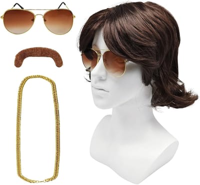 Retro Kostuumperruques voor Mannen - 4 Stuks 70s 80s Disco Wigs met Accessoires voor Carnaval, Halloween en Cosplay