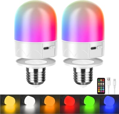 ZVD Oplaadbare LED-lamp met afstandsbediening (set van 2) – Inclusief E27-fitting & magnetische houder – Ondersteunt dimmen & 9-kleurige RGB – Oplaadbare lamp – Ook te gebruiken als nachtlamp – Voorzien van timer (3 standen) & geheugenfunctie