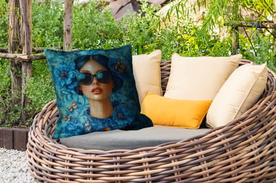 Sierkussen Buiten - Vrouw - Bloemen - Vlinders - Blauw - Abstract - 60x60 cm - Weerbestendig