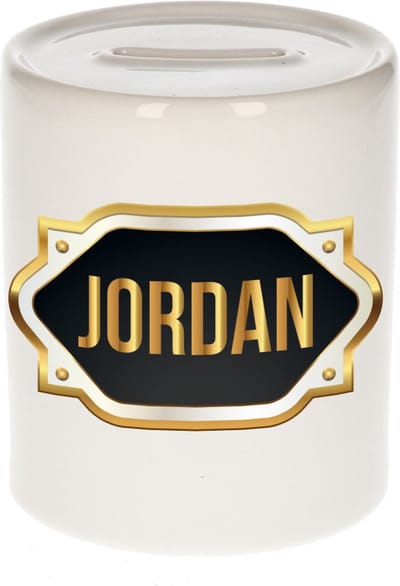 Spaarpot met voornaam Jordan - wit - met goud/zwart embleem - 8 x 9 cm - keramiek - met afsluitdop - cadeau verjaardag