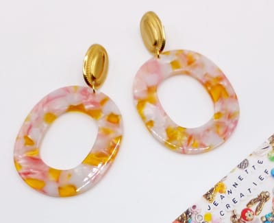 Jeannette-Creatief® -Resin - Ovaal Roze/Geel/Wit Goud - Roze/Gele/Witte Oorbellen - Gouden RVS Oorbellen - Oorbellen - Resin Oorbellen - Dames Oorbellen - Oorbellen Dames - Ovale Oorbellen - Pasen - Lente
