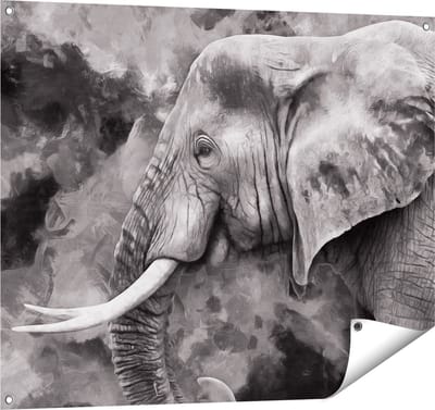 Gards Tuinposter Olifant - Abstract - Zwart Wit - 100x80 cm - Tuindoek - Tuindecoratie - Wanddecoratie buiten - Tuinschilderij