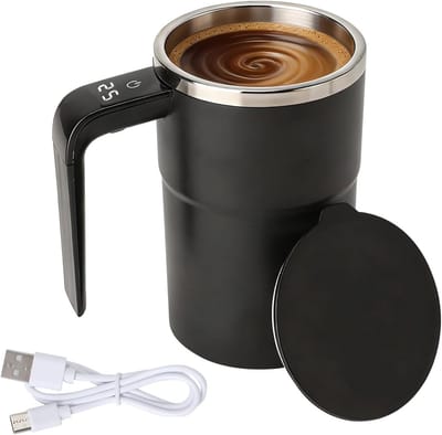 Magnetische zelfroerende mok met temperatuurweergave, oplaadbare koffiemok voor koffie, thee en warme dranken, zwart met deksel