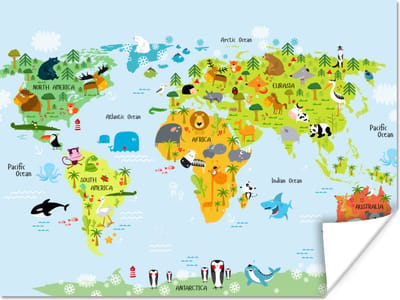 Wereldkaart - Kinderen - Dieren - Natuur - Jongens - Meisjes - 40x30 cm - Poster