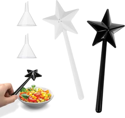 QTTVBTNA – 2 Stuks Kruidenstrooier Set – Zout- en Peperstrooiers Hervulbaar – Stervormige Toverstaf Kruidenhouder voor Keuken, BBQ, Camping en Reizen – Zwart + Wit