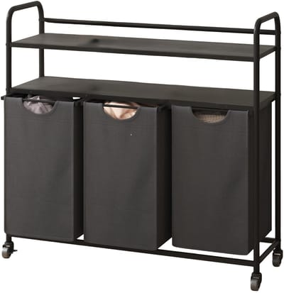 Wasmand – Voor Badkamer & Wasruimte – 3 Compartimenten (3×46L) met 2 Planken, Uitschuifbare Waszak – Grijs