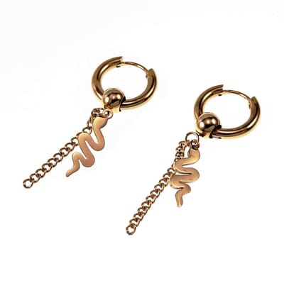 ∅15mm Oorringen Unisex - Stalen Goudkleur - Oorbellen met Ketting een Slangenhanger