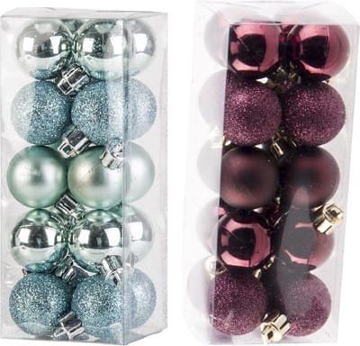 Kleine kunststof kerstversiering 40x stuks set en 3 cm kerstballen in het aubergine en mintgroen - Voor kleine kerstbomen