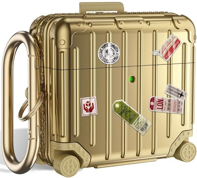 Casemania Koffer Hoesje Geschikt voor Apple AirPods 4 - Goud - Schokbestendig Suit Case Cover - Inclusief DIY Stickers & Karabijnhaak