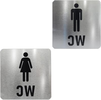 2 x Zelfklevende Toiletborden, 12 x 12 cm, Waterdicht en UV-bestendig Deurbord, Modern Ontwerp voor Publieke Toiletten en Gastenbadkamers, RVS, Zilver