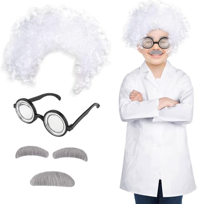 4-delig Crazy Scientist Kostuum met Laboratorium Peruk, Grappige Nerd Bril, Snor en Baard voor Feestjes en Festivals