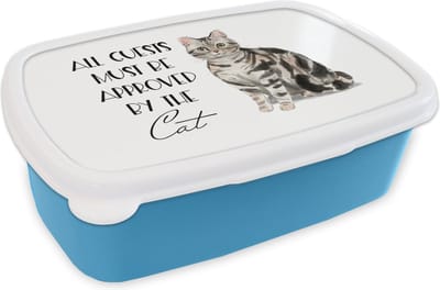 Broodtrommel Blauw - Lunchbox - Brooddoos - Spreuken - Quotes - Kat - All guests must be approved by the cat - 18x12x6 cm - Kinderen - Jongen