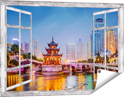 Gards Tuinposter Doorkijk Rivier bij Stad Guiyang in China - 90x60 cm - Tuindoek - Tuindecoratie - Wanddecoratie buiten - Tuinschilderij