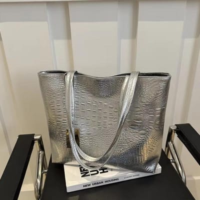 Mode Casual Dames Grote Tote Handtas, Metallic Glanzende Schoudertas met Croco-reliëf voor Dames Dagelijkse Boodschappen zilver