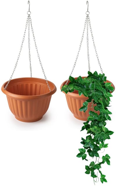 Plasticforte Plantenpot - 2x - hangend - kunststof - terracotta - D25 x H15 cm - bloempot aan ketting