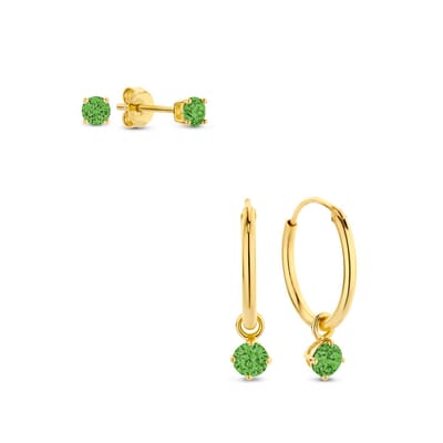 New Bling 9SIL-SET0021 Zilveren Set Oorringen met hangertje en Oorknopjes met Zirkonia - 15mm Doorsnee - Knopjes 3mm - Groen - Zilver - Verguld/Goud op Zilver