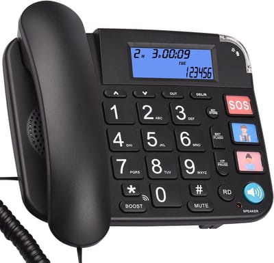 Yarvu ® - Huistelefoon Bedraad - Senioren - Grote Toetsen - Groot Scherm - SOS Knop - Bellampje - Big Button - Bekabeld Analoog Fototelefoon - Foto Telefoon - Ouderen - Zwart
