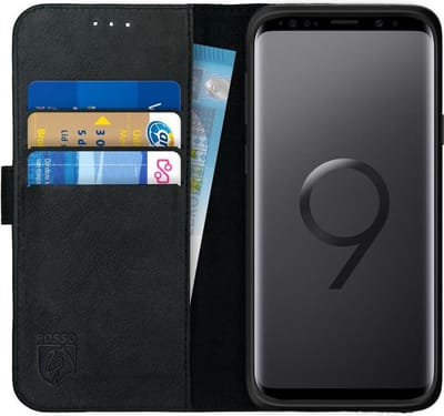 Rosso Deluxe Echt Leer Book Case Hoesje Geschikt voor Samsung Galaxy S9 | Ruimte voor drie pasjes | Portemonnee Book Case | Met Pasjeshouder | Zwart