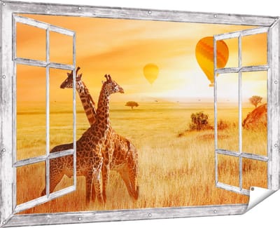 Gards Tuinposter Doorkijk Twee Giraffen met Twee Oranje Luchtballonnen - 180x120 cm - Tuindoek - Tuindecoratie - Wanddecoratie buiten - Tuinschilderij