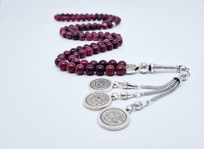 Handgemaakte tesbih "Tasbih" natuursteen "Lepidolite" - Aantal kralen 99 - Diameter kralen 8MM - met metaal tassel "Qustantinia" - Een mooi cadeau-idee