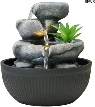 RFWR® Kamerfontein met LED verlichting - Ø 21 cm, Hoogte 21 cm, Polyresin, Grijs/Zwart