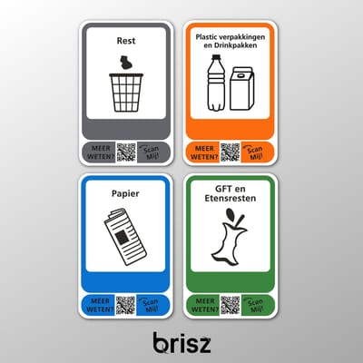Brisz 4 afvalstickers A4 formaat met afbeelding - Scan de QR code, leer en weet meer per afvalstroom, met o.a. filmpjes | Kliko sticker |PMD | A4 | Container stickers | Recycle stickers | Restafval | Papier | PMD | GFT | afval sticker|Rijkswaterstaat