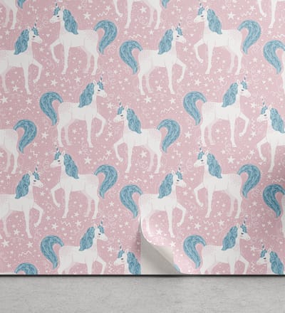 ABAKUHAUS Unicorn Party Peelable & Adhesive Behang voor thuis, paard, zelfklevende woonkamer keukenaccent, 33 cm x 250 cm, Rose Sea Blue White