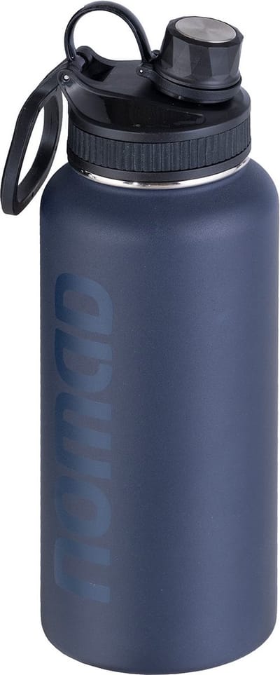 NOMAD® Drinkfles 1 liter | RVS Waterfles | Donkerblauw | Dubbele Draaidop en Draagring | Geïsoleerde Metalen Thermosfles
