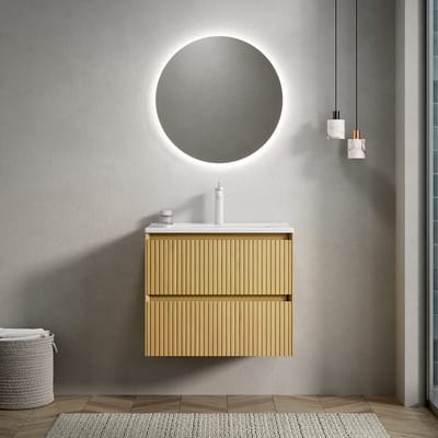 Pugsdrly 61 cm wandgemonteerde wastafel voor de badkamer met witte rechthoekige keramische onderbouw wastafel, gestreepte multiplex kast met 2 lades, voorgemonteerd, Collora houtnerfkleur