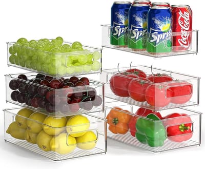 Famanu – Koelkastorganizer set van 6, stapelbare doorzichtige opbergdozen voor keuken, lade en badkamer, BPA-vrij