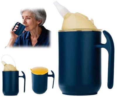 KZQ Drinkbeker voor senioren - Lekvrije siliconen drinkbeker met twee deksels en een rietje - Veilig en gemakkelijk in gebruik, speciaal ontworpen voor senioren - Donkerblauw