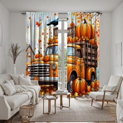2 pièces HD Automne camion avec citrouille Feuille d'érable gazouillis d'oiseaux rideau décoratif Rideau imprimé numérique à nouer jaune Décoration d'intérieur sty W52H63inchW132H160cm white