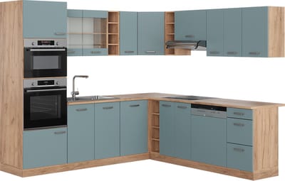 Vicco Hoekkeuken R-Line, Blauw-grijs/Goudkleurig Eiken, 247 x 237 cm, WB Eik