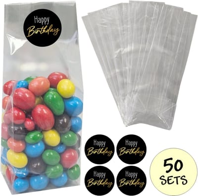 50x Uitdeelzakjes Met Sluitstickers - 50 Stickers & 50 Zakjes - Blokbodemzakjes - Cellofaanzakjes - Traktatie Zakjes - 50 Sets - Happy Birthday