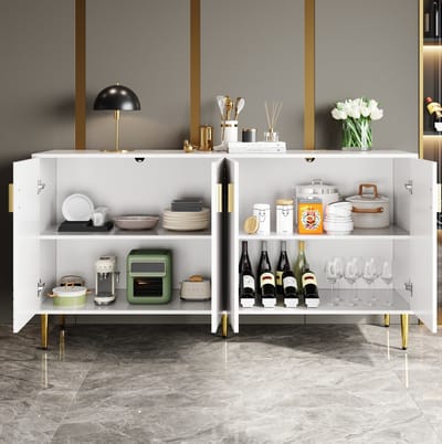 FloraGrace Dressoir - Golvend Frontdesign Met Gouden Grepen - Opbergkast Voor Eetkamer En Woonkamer - MDF - 152x40x75 Cm - Wit