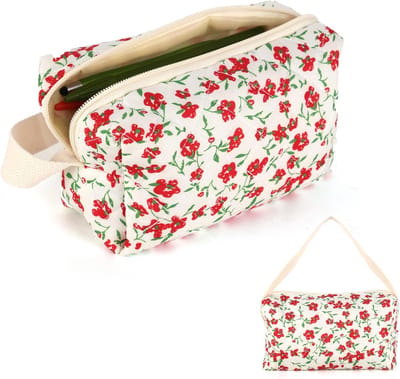 VHV-Esthetisch Etui met Bloemmotief - Grote Capaciteit School Etui - Multifunctionele Pennenzak met Rits - Make-up tasje voor Meisjes en Studenten - Rood