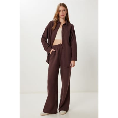Hoge Taille Brede Pijpen Twee-Delig Co-ord Set met Kraag
